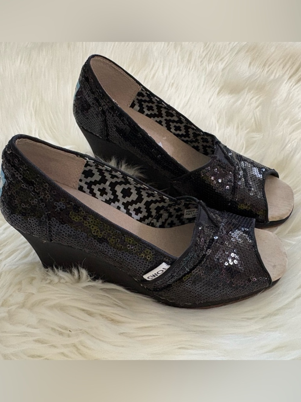 Toms Sequin Michelle Wedge Sandal Heels Black Heel
